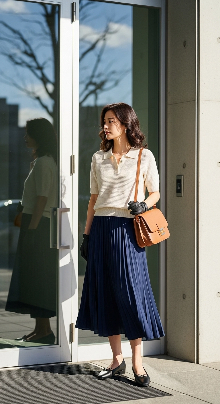 spring transition outfits 2026 with knit polo pleated skirt and ballet flats