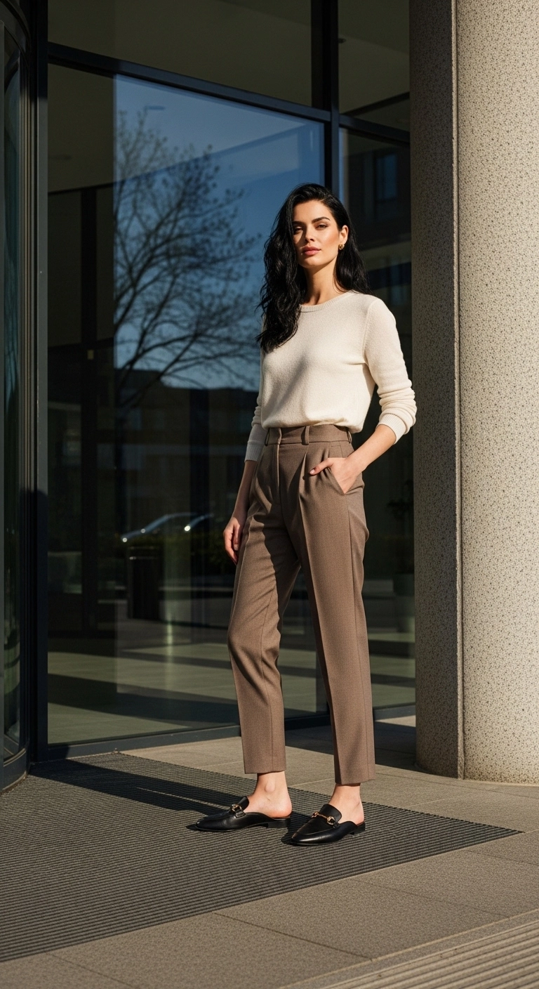 spring transition outfits 2026 with fine knit sweater ankle trousers and backless loafers