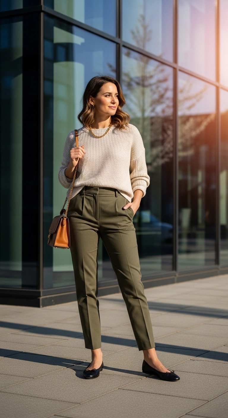 simple spring outfits 2026 with lightweight knit ankle trousers and ballet flats