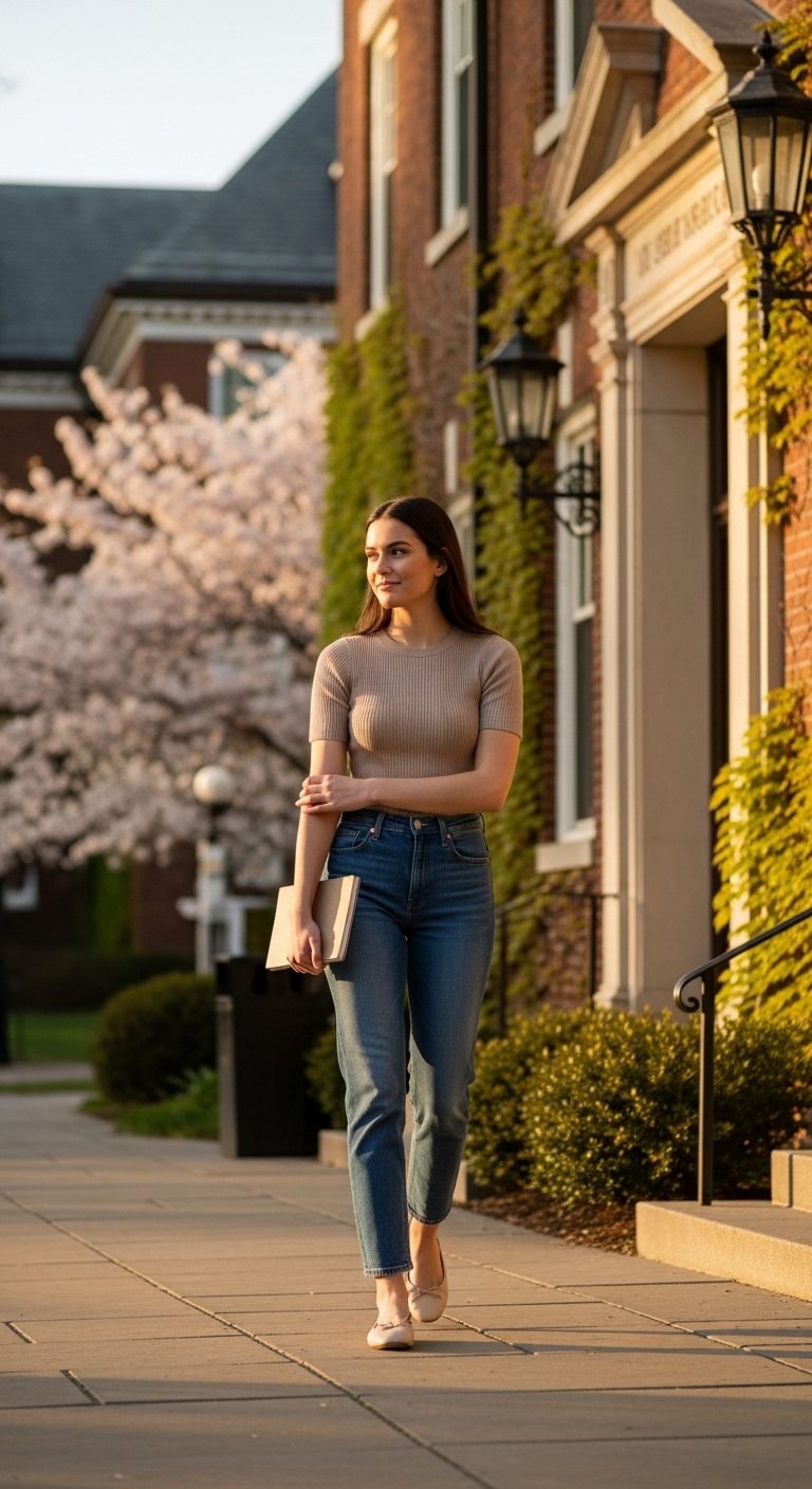 Spring college outfits 2026 with knit top, jeans, and ballet flats