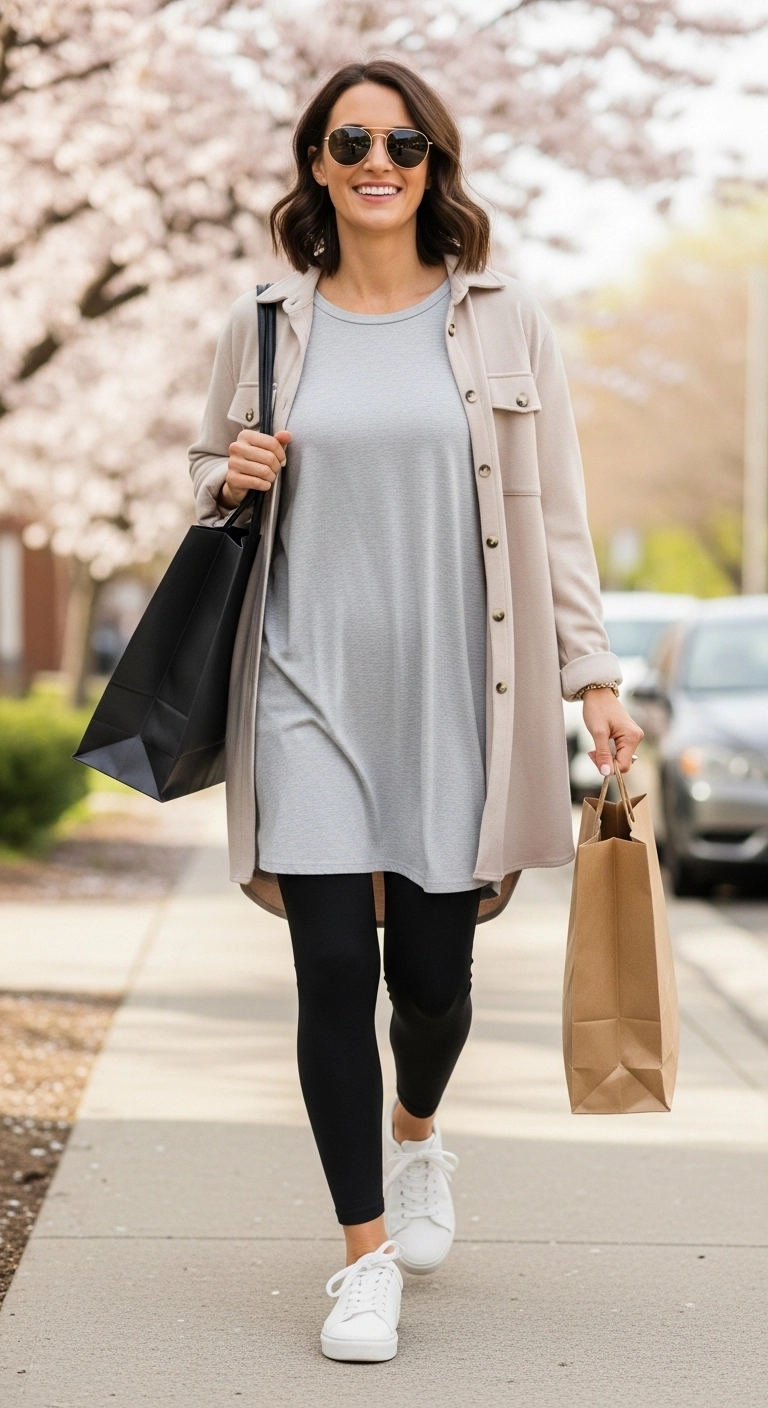everyday spring outfits 2026 with black leggings, longline tee, and overshirt
