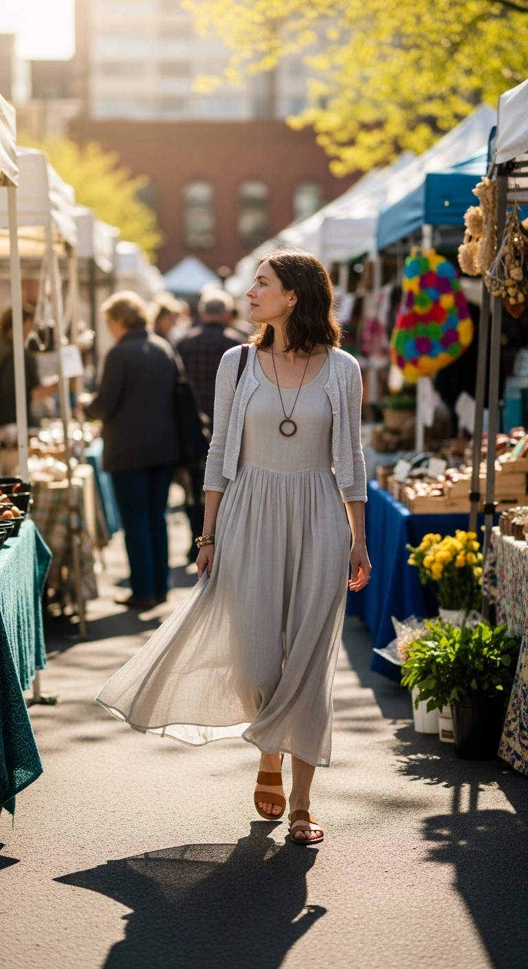 spring dress outfits for women in 2026 with a linen-blend dress, short cardigan, and sandals