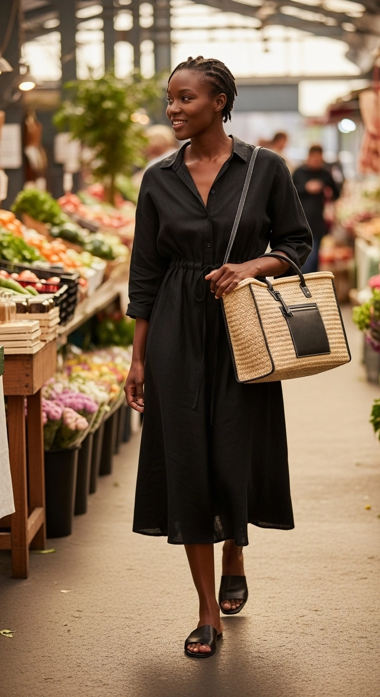spring outfits for black women in 2026 with linen shirt dress and flat sandals