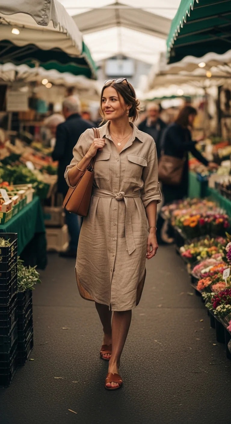 Classy spring outfits 2026 with linen shirt dress and leather sandals