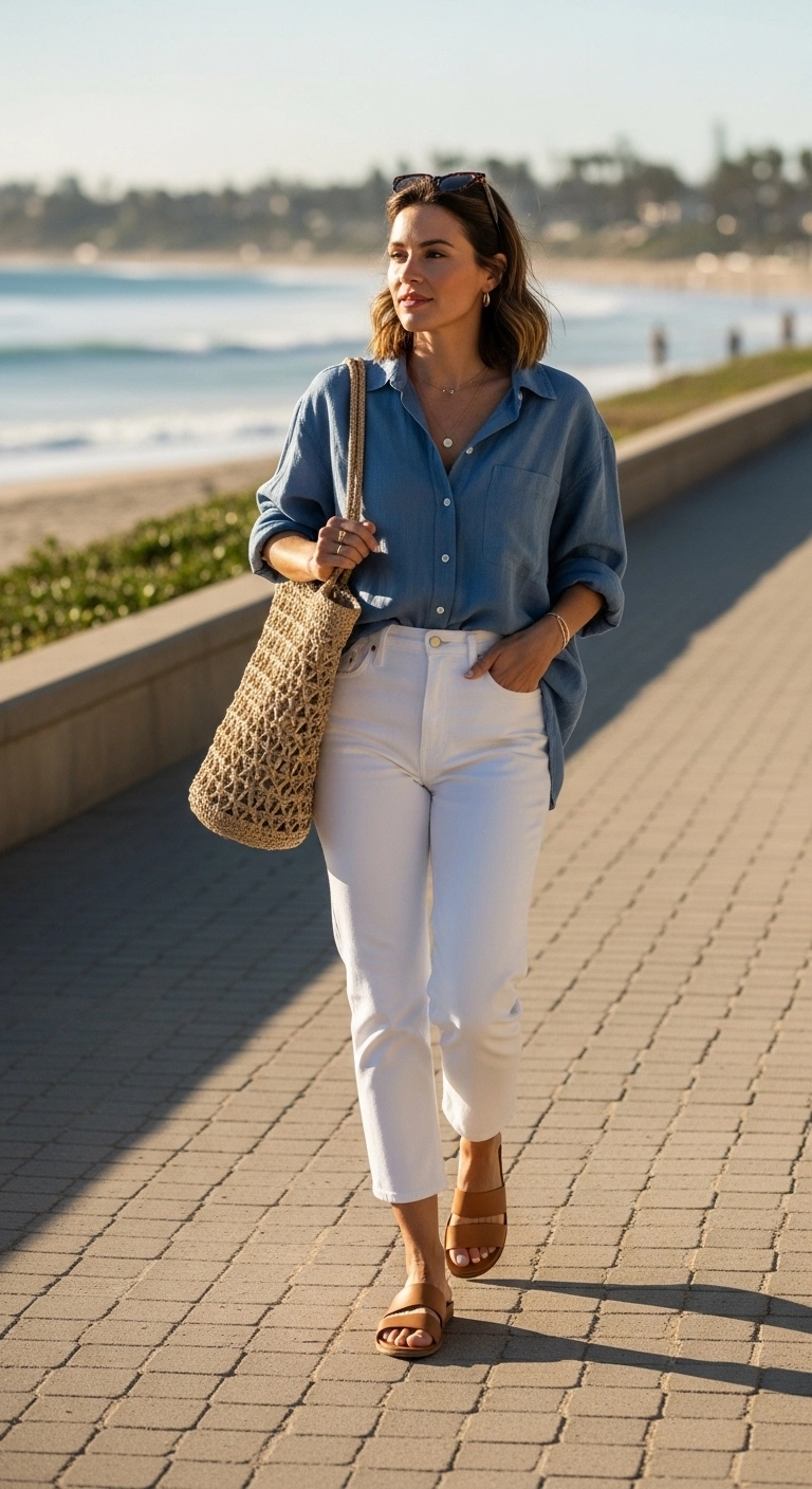 spring vacation outfits 2026 with linen shirt white jeans and tan sandals