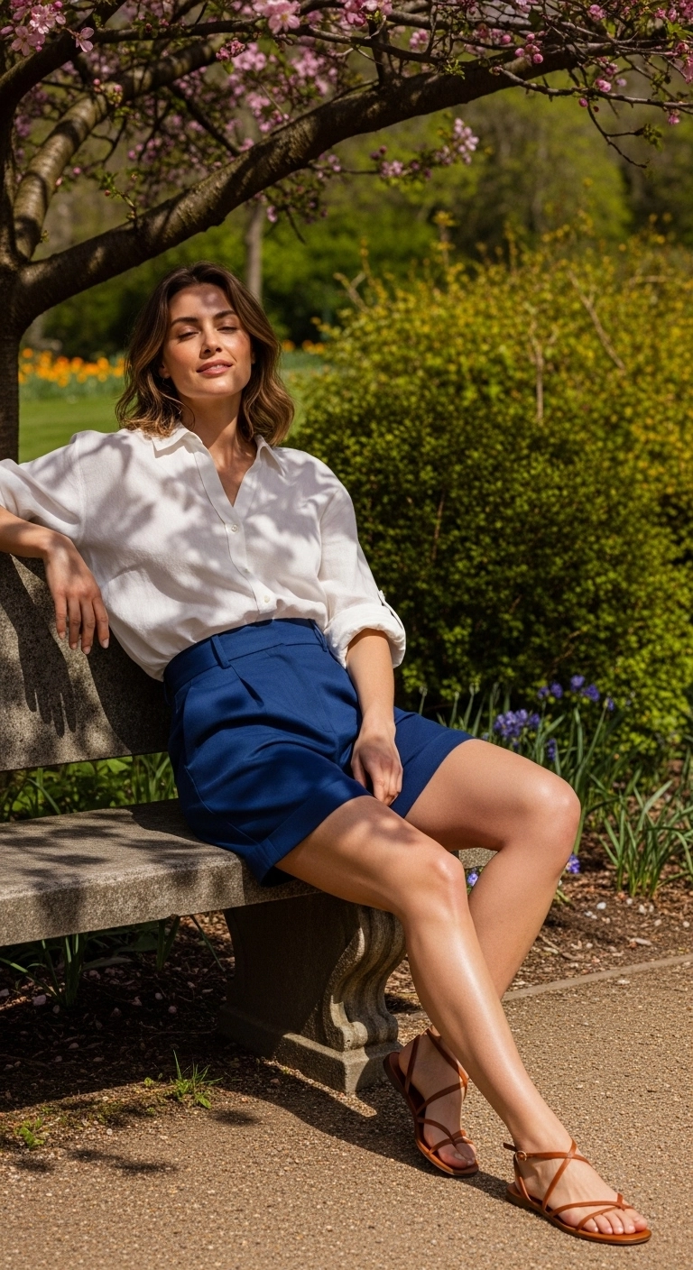 Trendy spring outfit ideas for women 2026 with linen shirt, shorts, and sandals