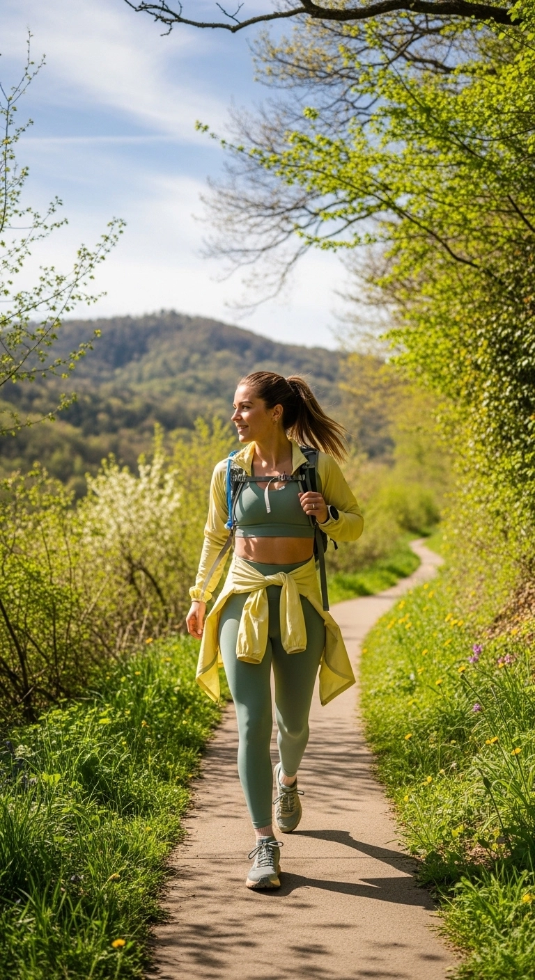 Spring hiking outfits for women 2026 with matching active set and shell at waist