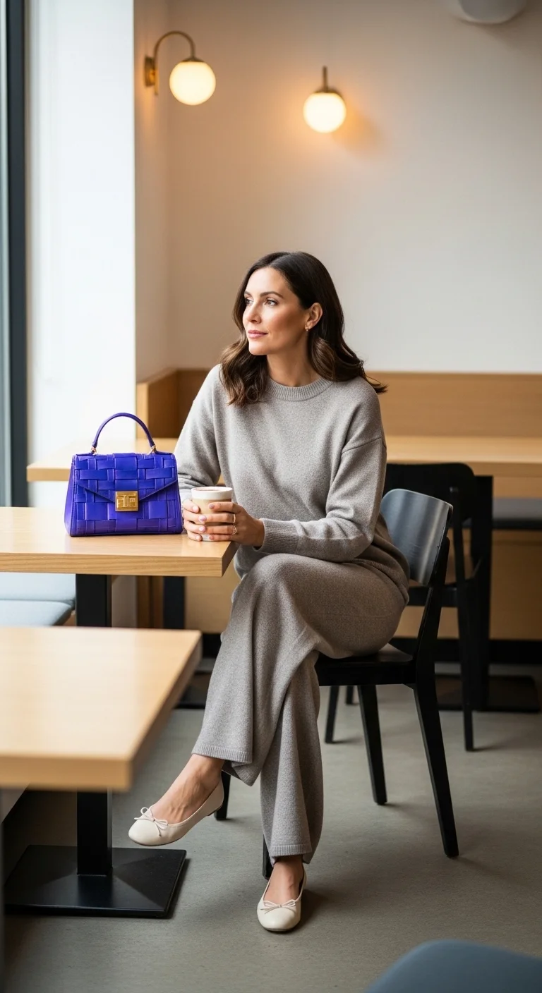 spring mom outfits 2026 with matching knit set and ballet flats