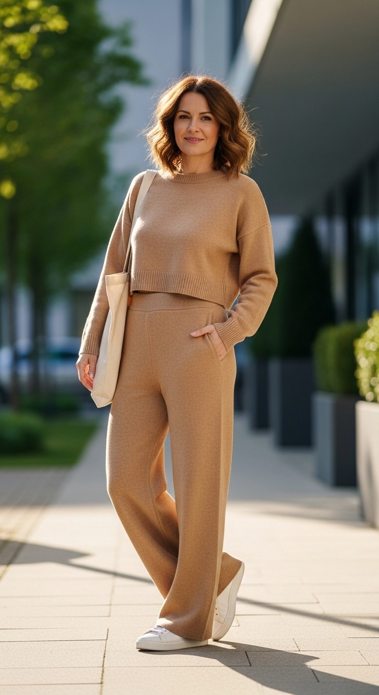 everyday spring outfits 2026 with matching knit set and sneakers