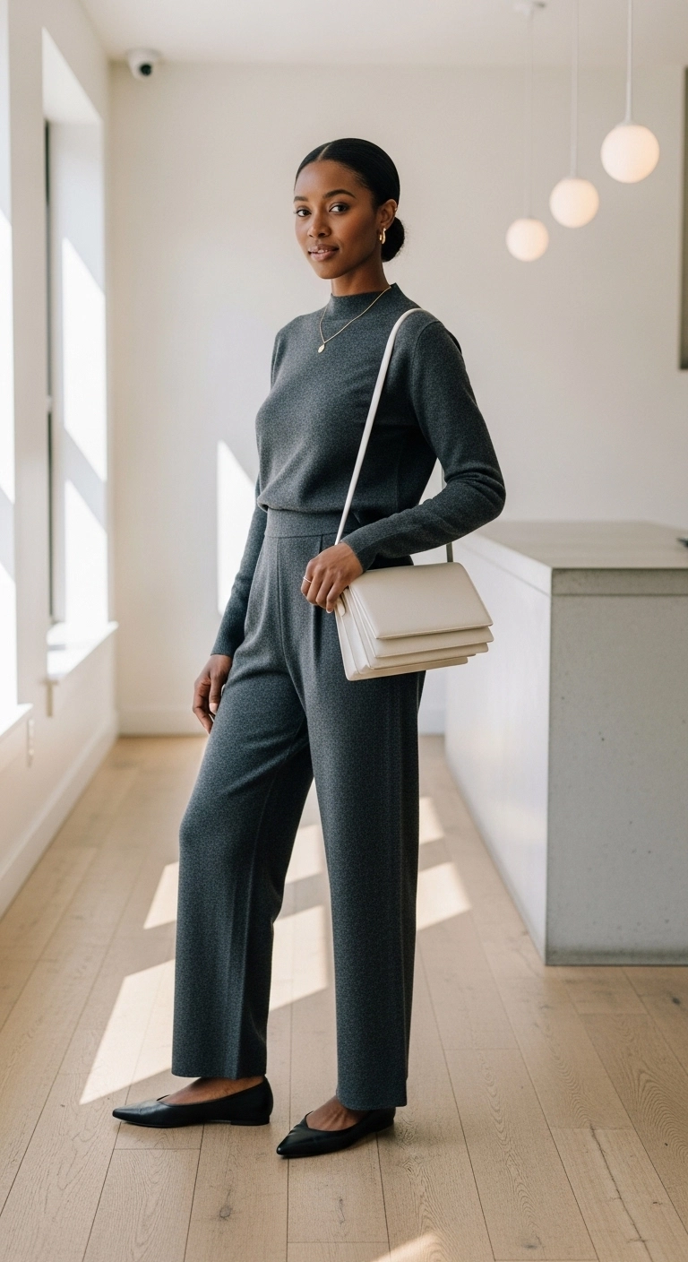 spring outfits for black women in 2026 with matching knit set and sleek flats
