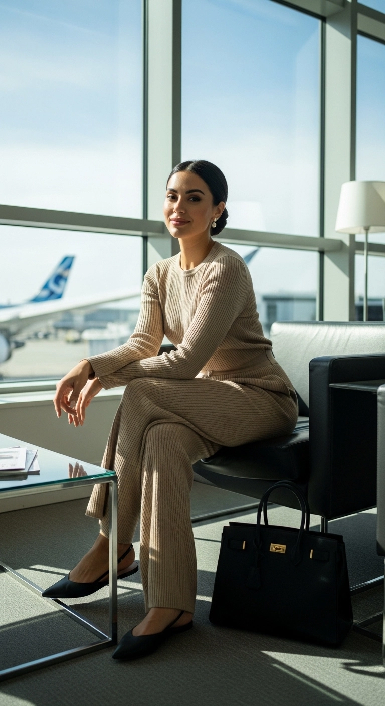 spring vacation outfits 2026 with matching knit set and sleek flats