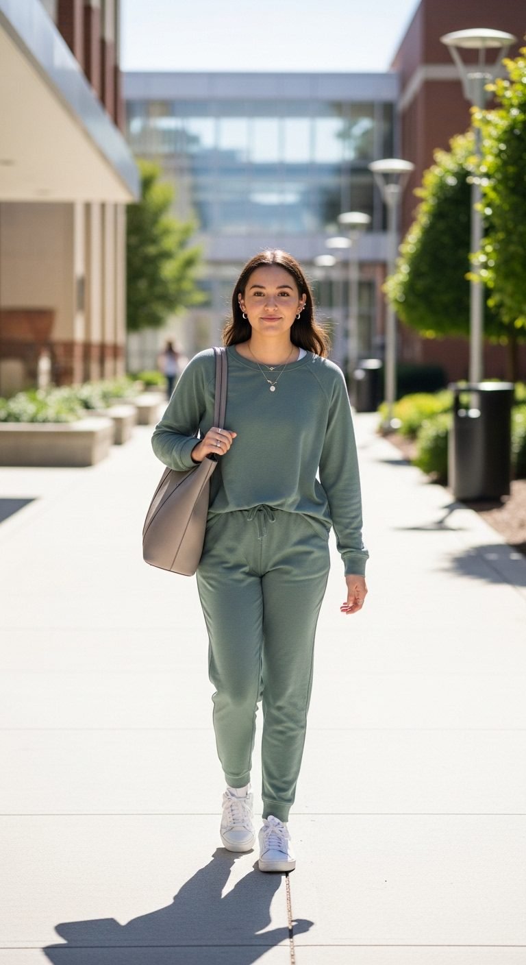 Spring college outfits 2026 with matching lounge set, sneakers, and structured tote