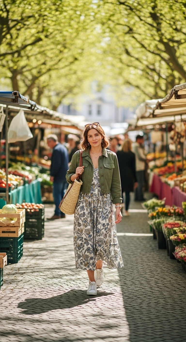 spring transition outfits 2026 with midi dress cropped jacket and sneakers