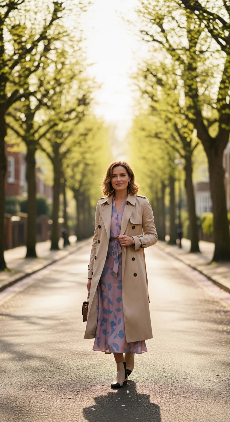 spring mom outfits 2026 with midi dress trench coat and flat boots