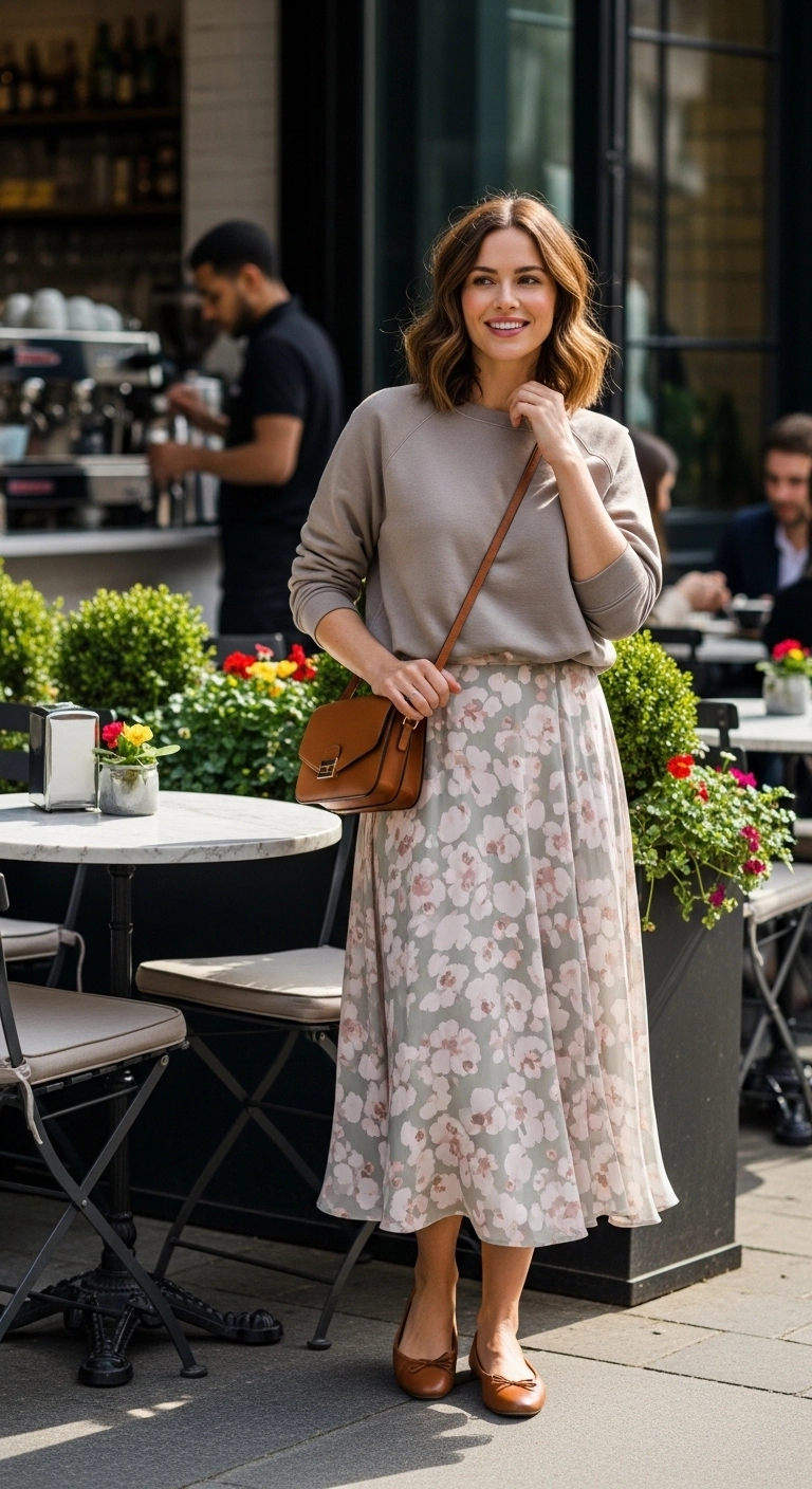 winter to spring transition outfits 2026 with midi skirt sweatshirt and brown ballet flats