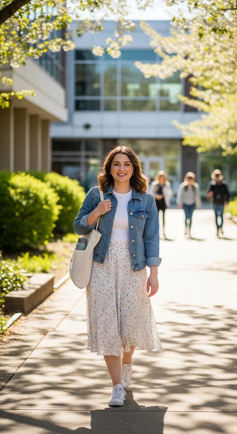 Spring college outfits 2026 with midi skirt, tee, and denim jacket