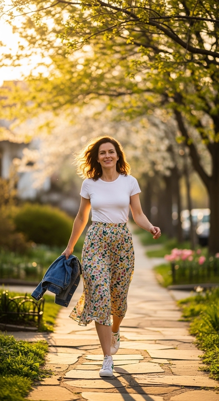 everyday spring outfits 2026 with midi skirt, tee, and denim jacket