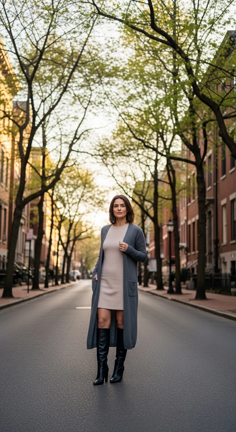 spring dress outfits for women in 2026 with a mini dress, long cardigan, and knee-high boots