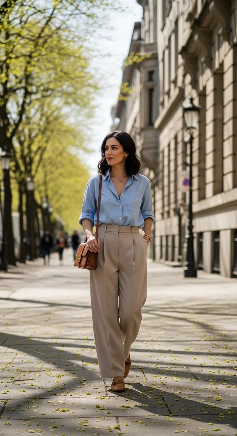 light spring color palette outfits 2026 with pale blue shirt and beige trousers