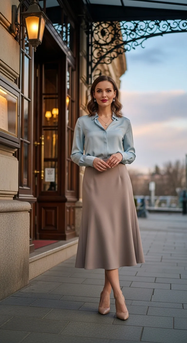 light spring color palette outfits 2026 with pale blue blouse and taupe midi skirt