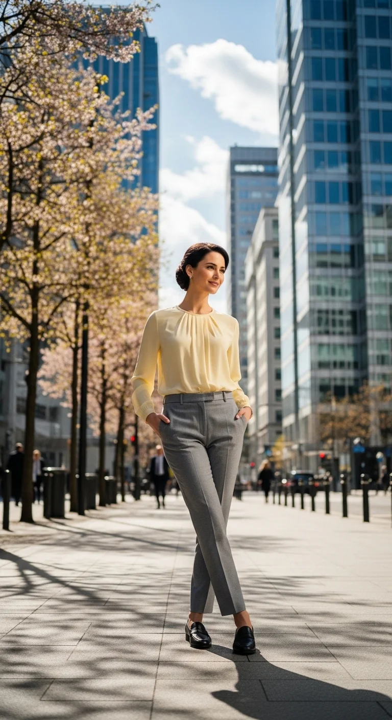 light spring color palette outfits 2026 with pale lemon blouse and gray trousers