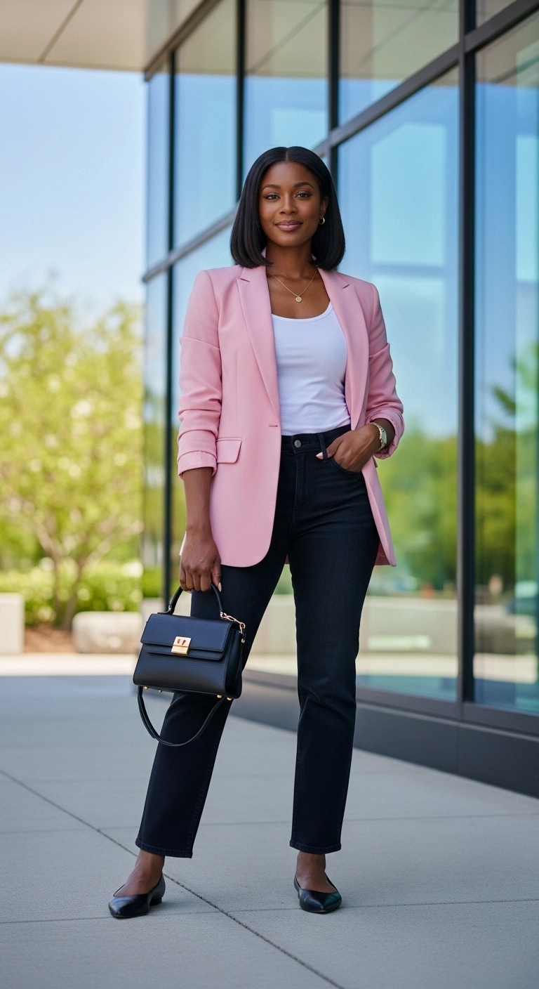 spring outfits for black women in 2026 with pink blazer white tank and dark jeans