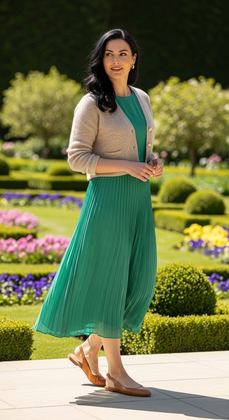 spring dress outfits for women in 2026 with a pleated dress, cropped cardigan, and slingback flats