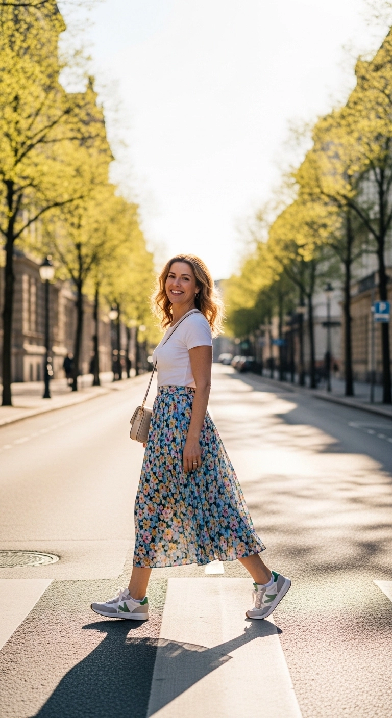 Trendy spring outfit ideas for women 2026 with pleated skirt and sneakers