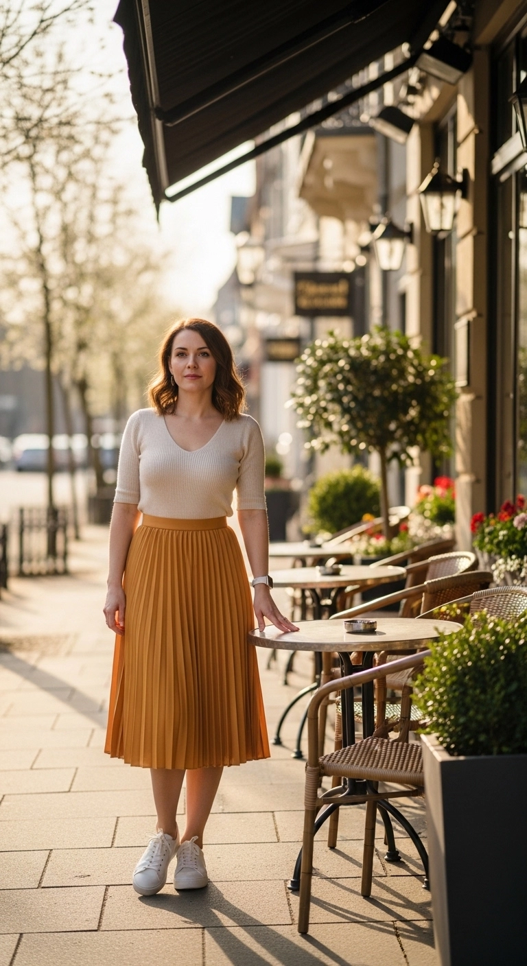 everyday spring outfits 2026 with pleated skirt, knit top, and sneakers