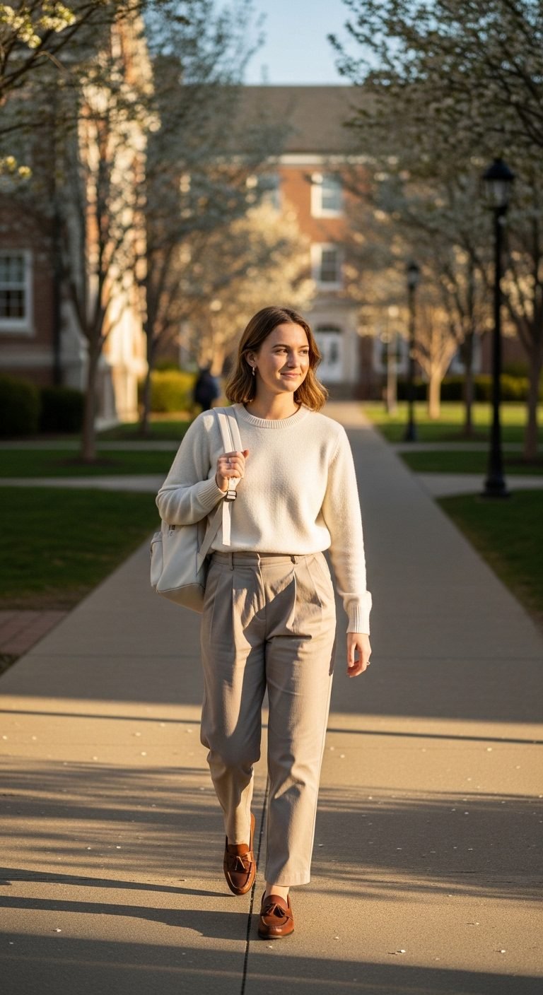 Spring college outfits 2026 with pleated trousers, crewneck sweater, and backpack