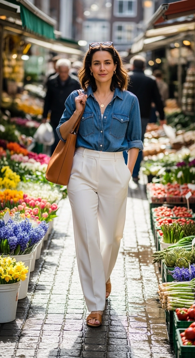 Elegant spring outfits 2026 with poplin shirt and satin skirt