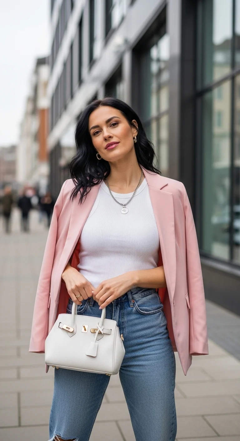 light spring color palette outfits 2026 with powder pink blazer and pale denim