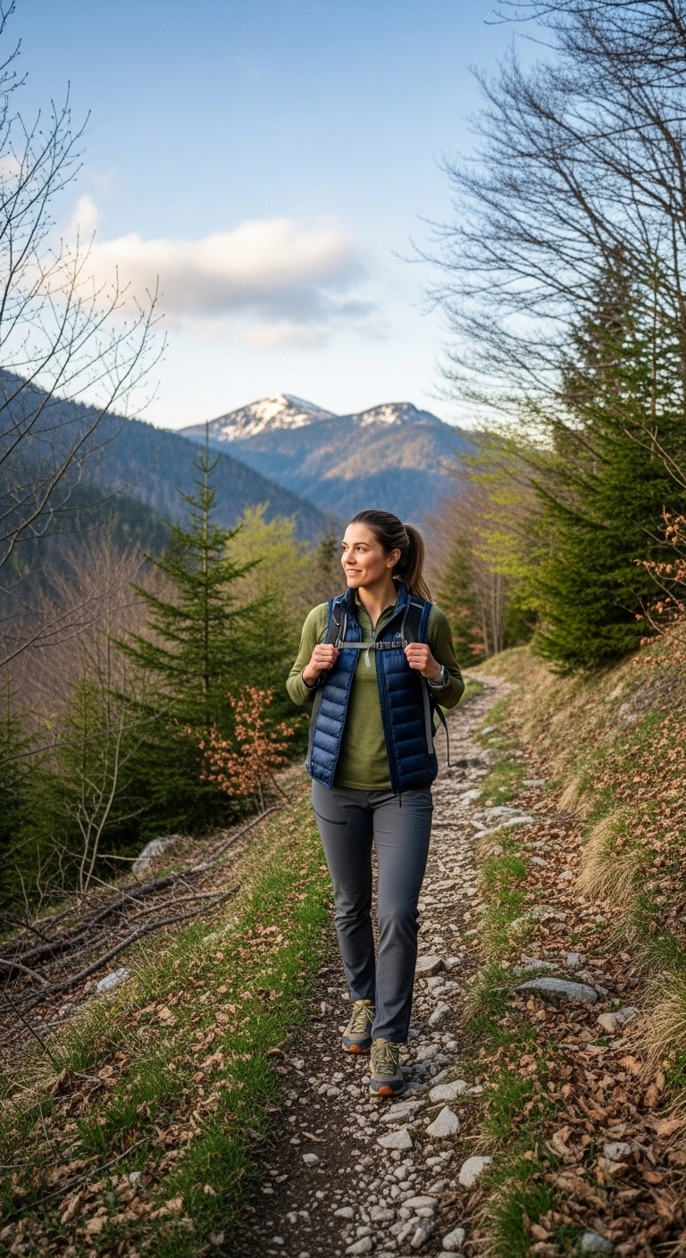 Spring hiking outfits for women 2026 with puffer vest and slim hiking pants