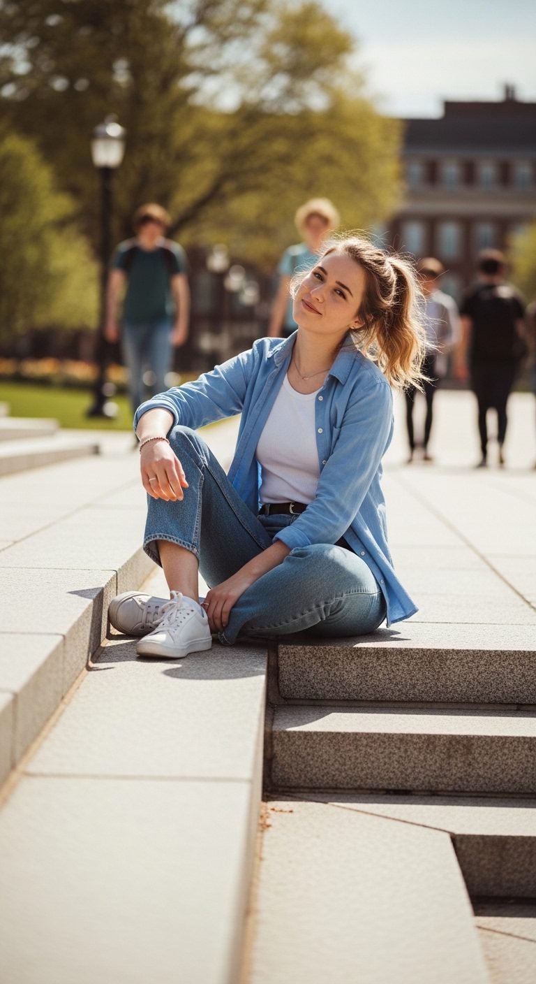 Spring college outfits 2026 with relaxed jeans, tank, and open button-down shirt