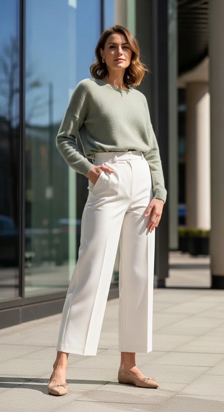 light spring color palette outfits 2026 with sage sweater and off-white trousers