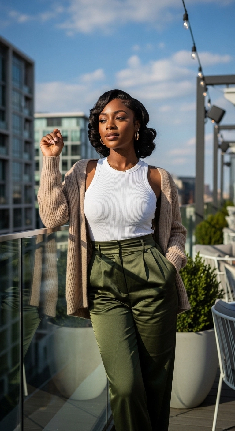 spring outfits for black women in 2026 with ribbed tank satin trousers and cardigan