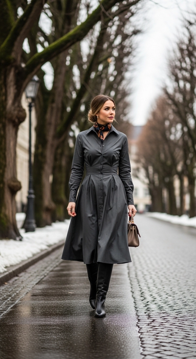 winter to spring transition outfits 2026 with shirt dress flat boots and scarf