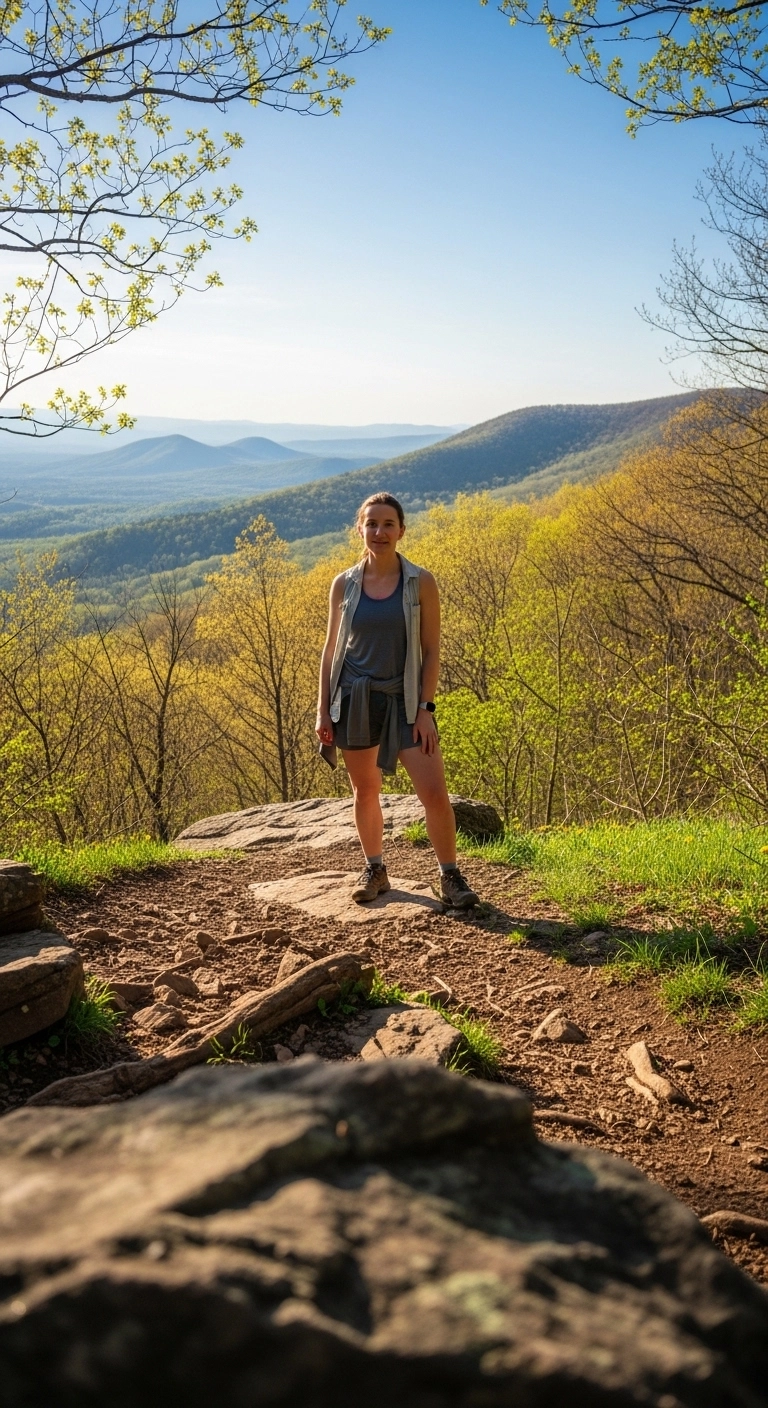 Spring hiking outfits for women 2026 with sleeveless top, overshirt, and hiking shorts