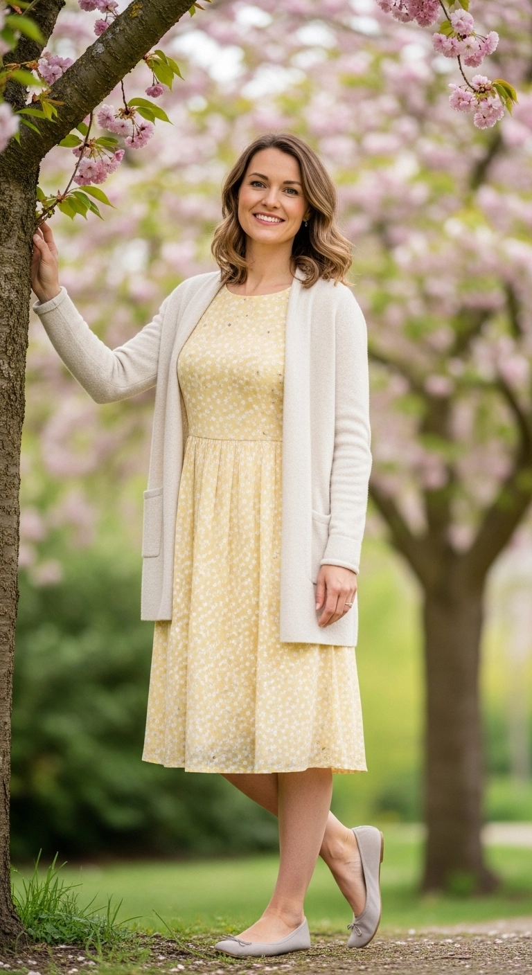everyday spring outfits 2026 with simple dress and cardigan