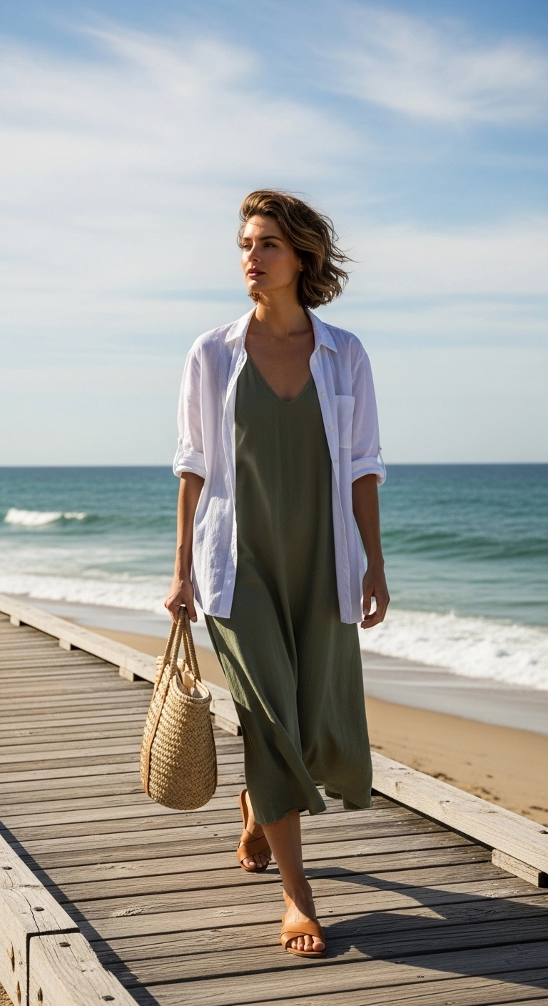 spring dress outfits for women in 2026 with a sleeveless midi dress, open shirt, and sandals
