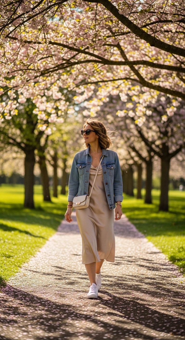 Trendy spring outfit ideas for women 2026 with slip dress and denim jacket