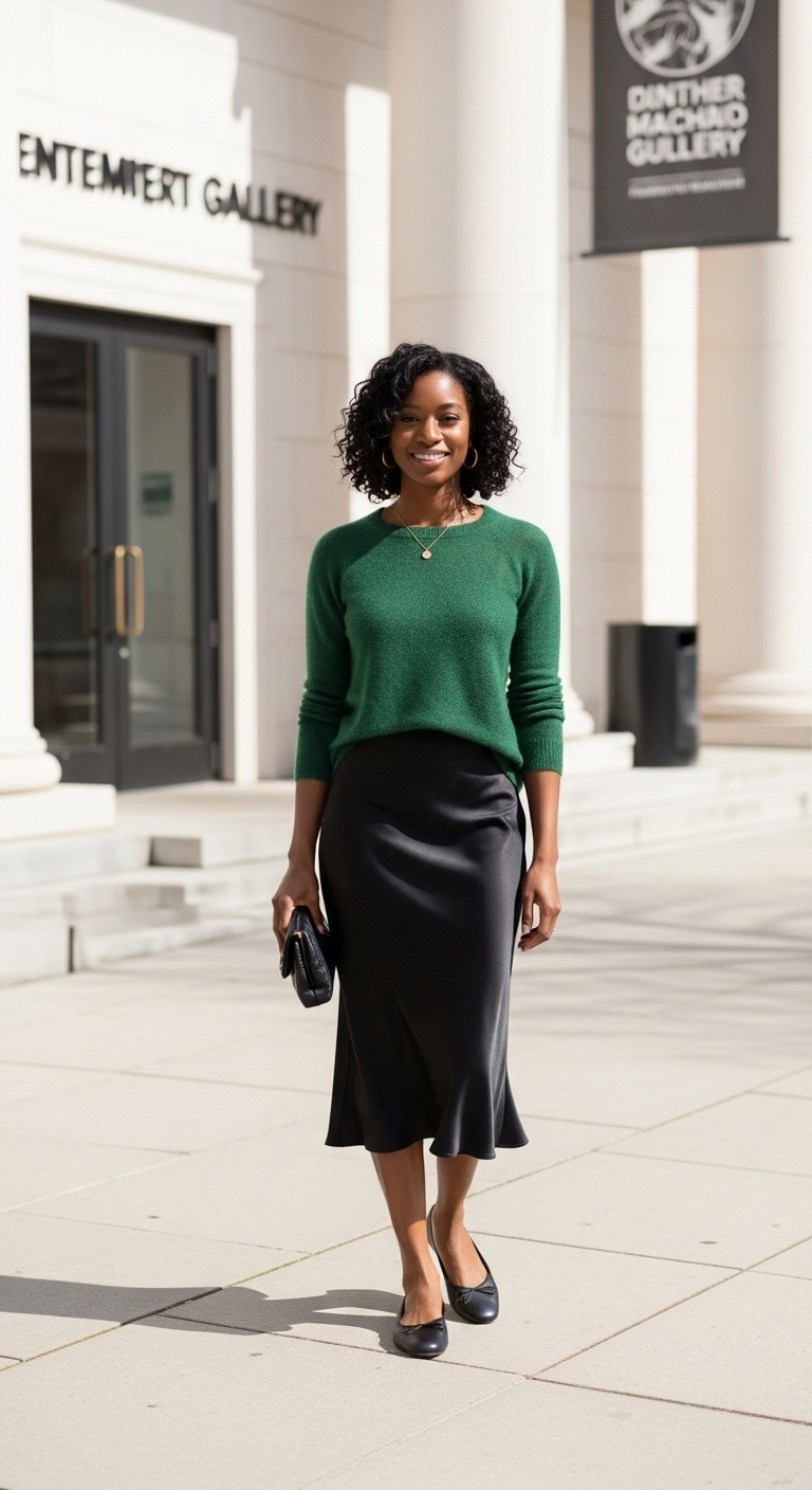 spring outfits for black women in 2026 with slip midi skirt and fine sweater