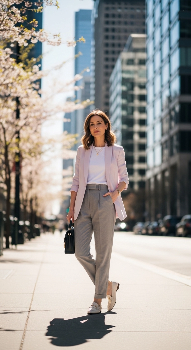 simple spring outfits 2026 with soft blazer tee and relaxed trousers