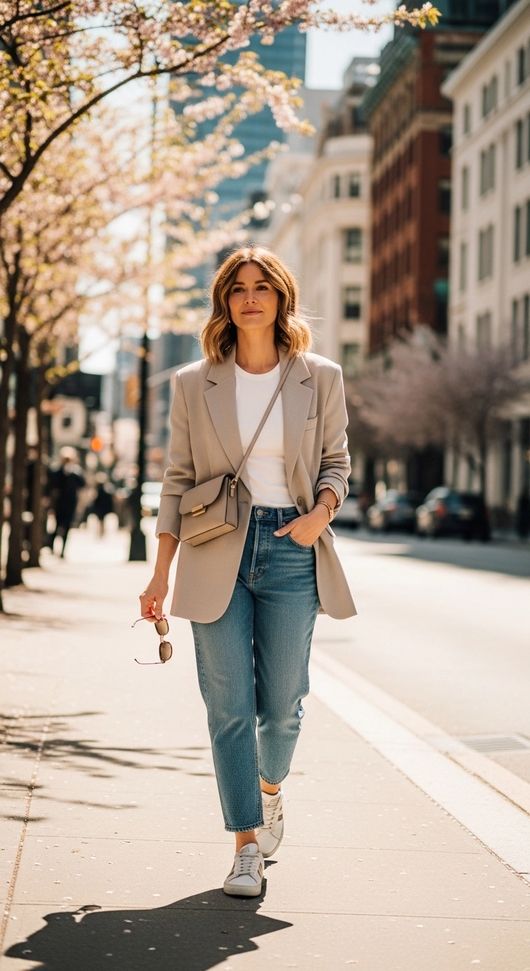Spring outfits with jeans 2026 with soft blazer, tank top, and relaxed straight jeans