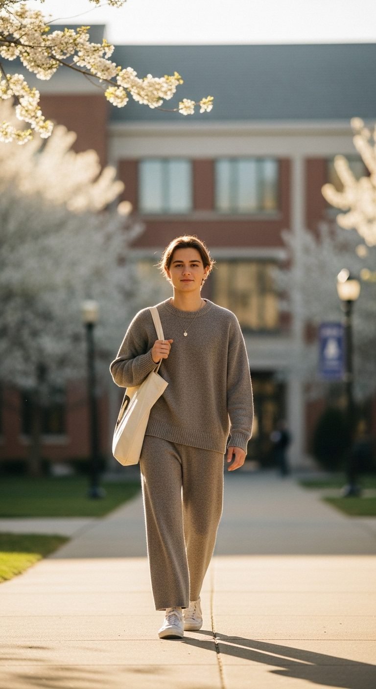 Spring college outfits 2026 with soft knit set, sneakers, and tote bag