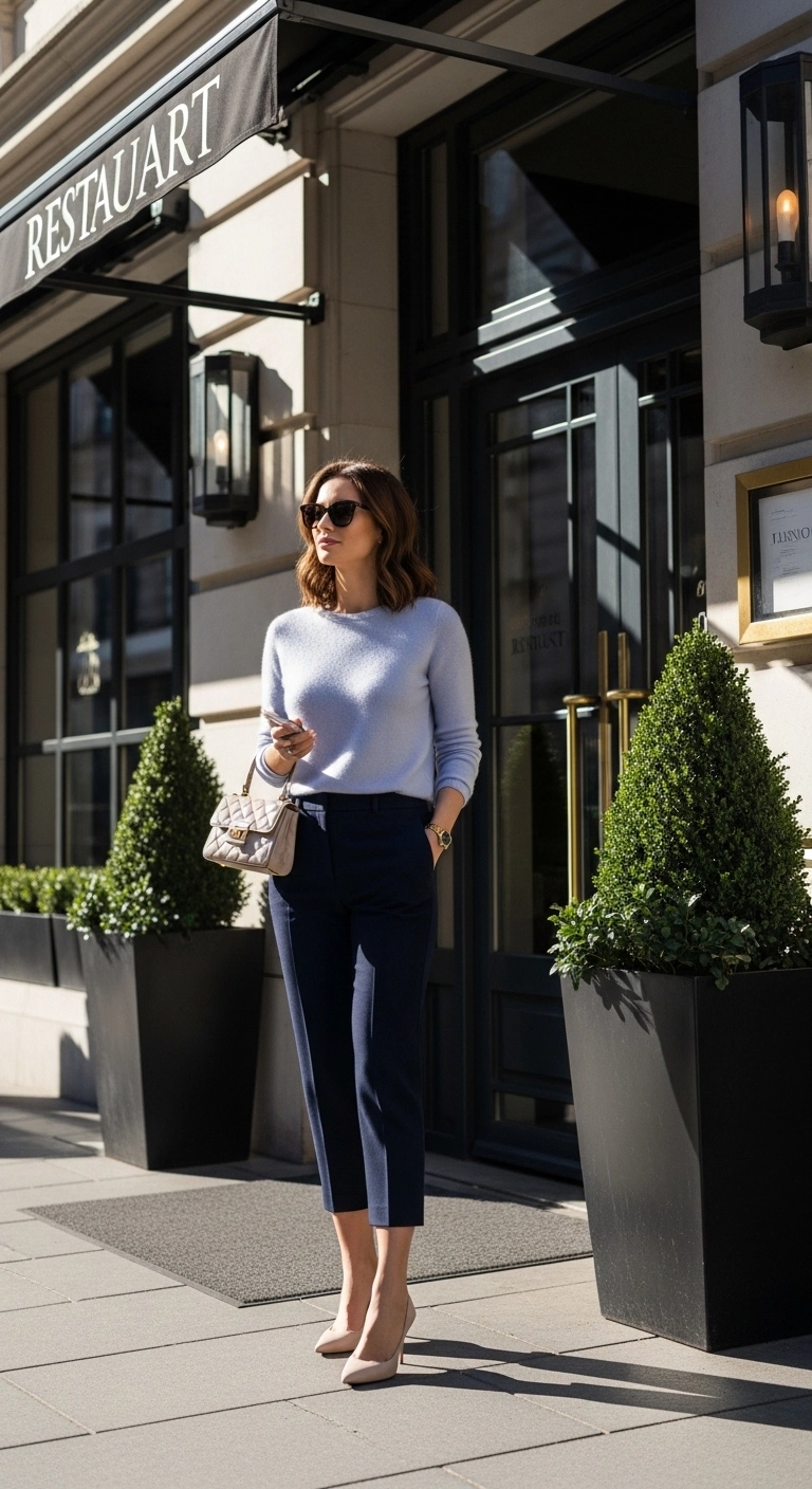 winter to spring transition outfits 2026 with soft sweater cropped trousers and kitten heels