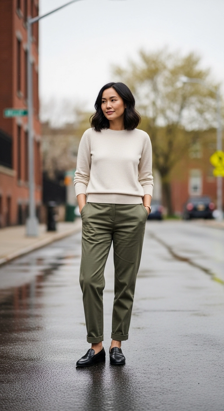 everyday spring outfits 2026 with soft trousers and crewneck sweater