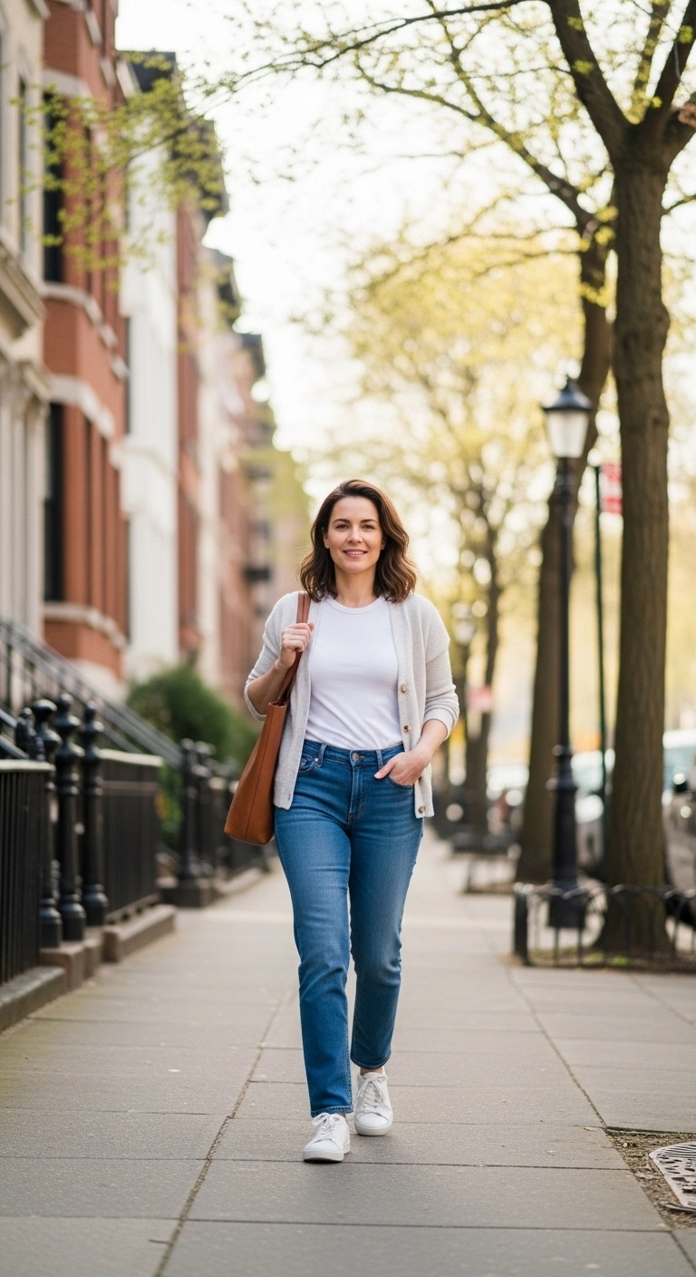 everyday spring outfits 2026 with straight-leg jeans, tee, and cardigan