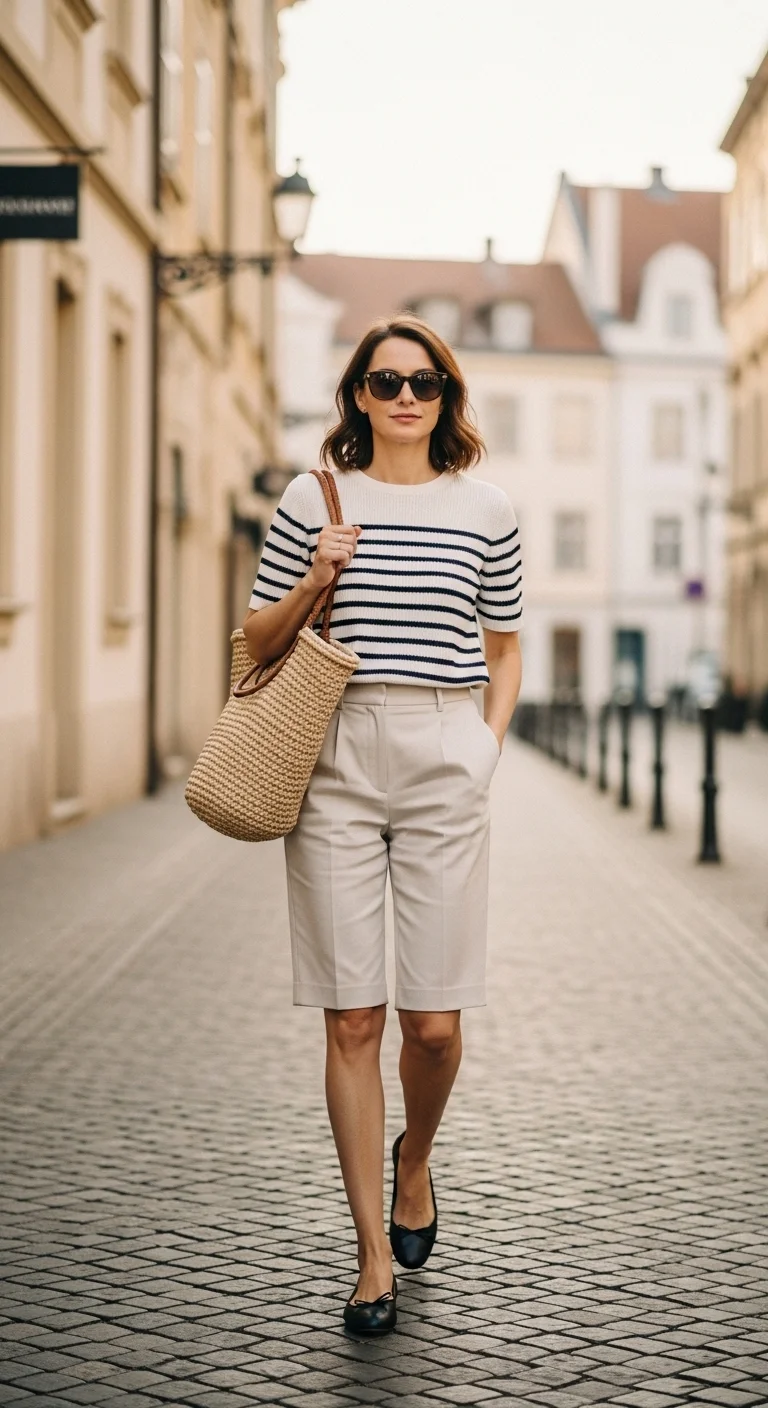 Classy spring outfits 2026 with striped knit and tailored shorts