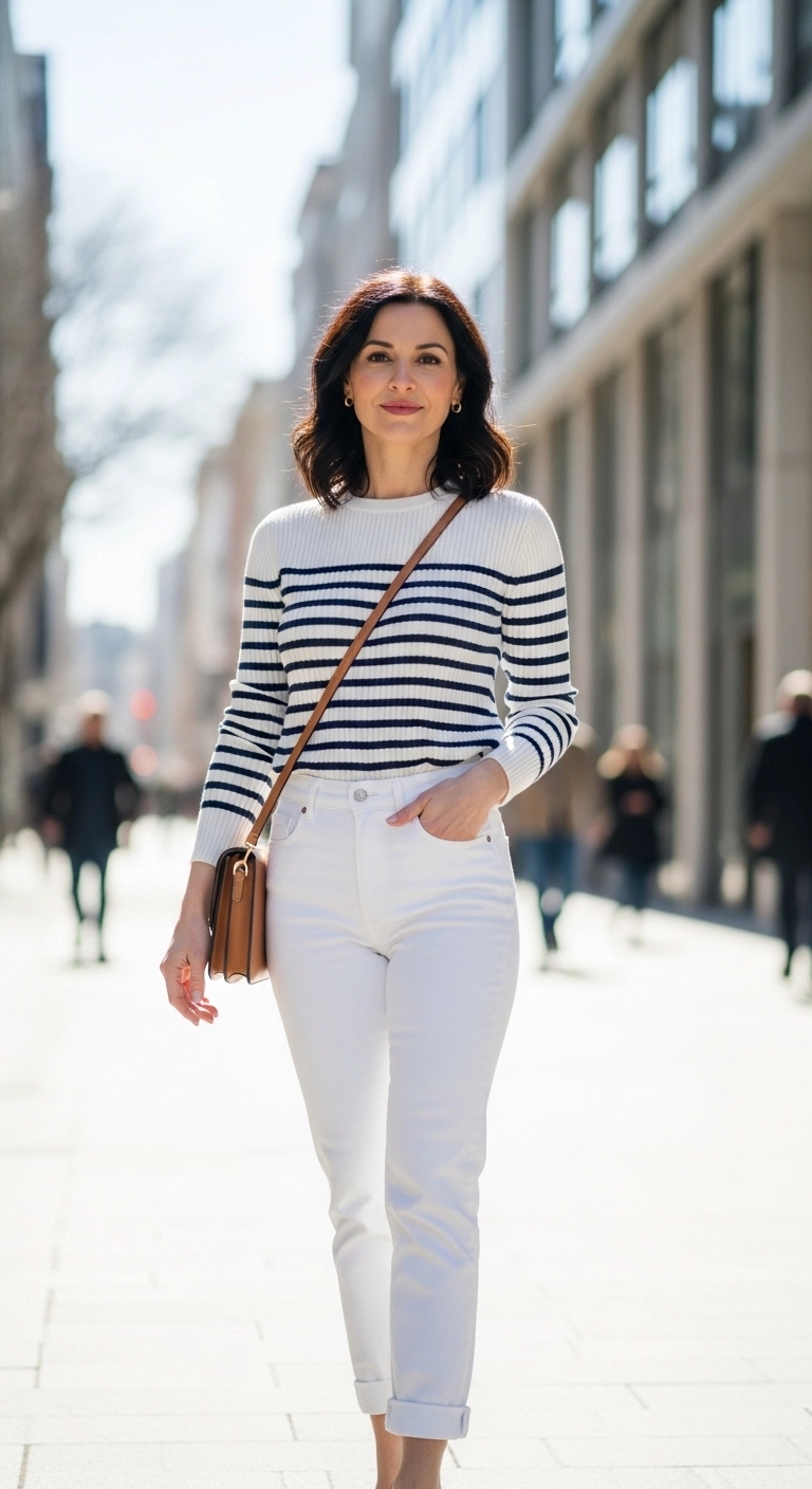 simple spring outfits 2026 with striped knit and white jeans
